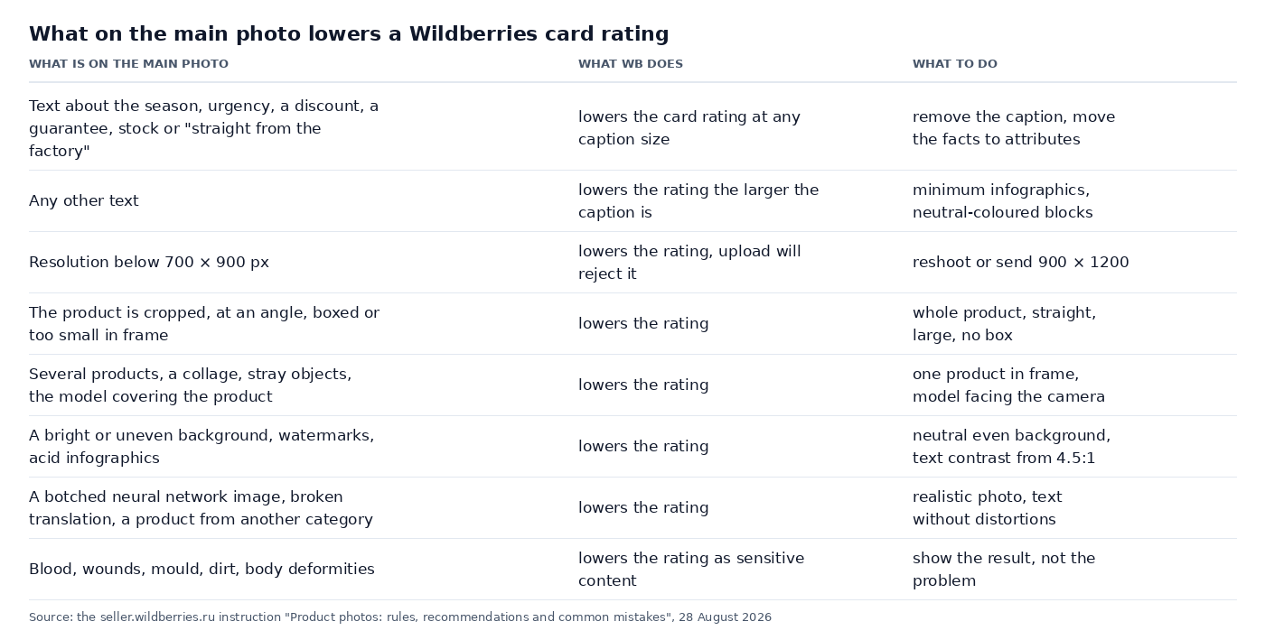 Table: what on the main photo lowers a Wildberries card's rating and what to do instead