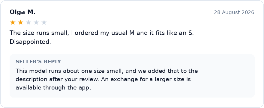 Example of a seller's reply to a 2-star review saying the size runs small on Wildberries: the fact is acknowledged, the description updated, and the exchange through the app pointed out