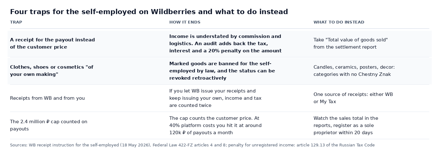 Table: four traps for the self-employed on Wildberries, a receipt for the payout instead of the customer price, self-made goods subject to mandatory marking, double receipts when WB issues them too, the 2.4 million ₽ cap counted on payouts, and what to do instead