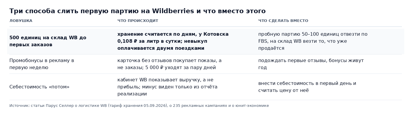 Таблица: три способа слить первую партию на Wildberries, большая поставка на склад WB до первых заказов, промобонусы в рекламу в первую неделю, себестоимость «потом», и что сделать вместо