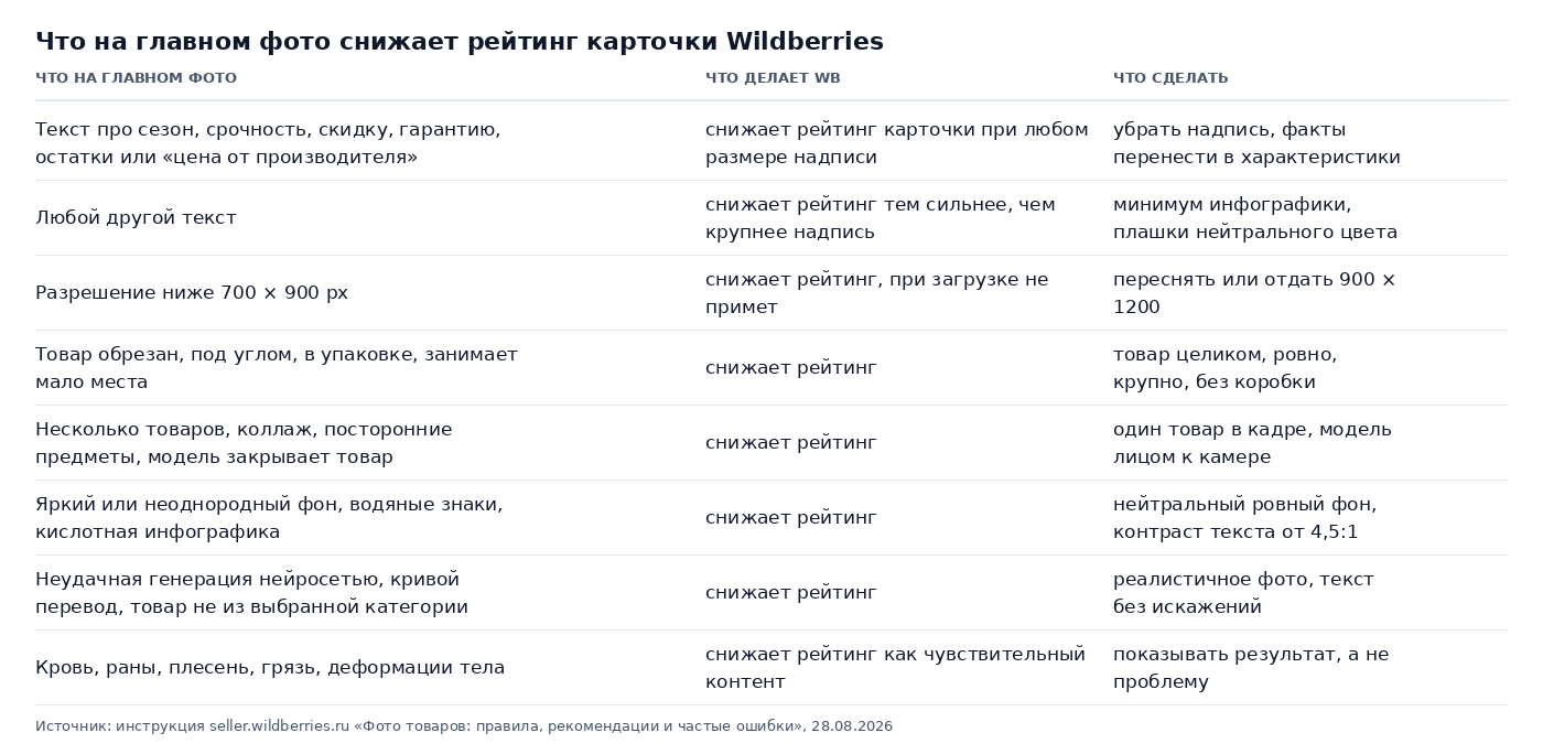 Таблица: что на главном фото снижает рейтинг карточки Wildberries и что сделать вместо этого