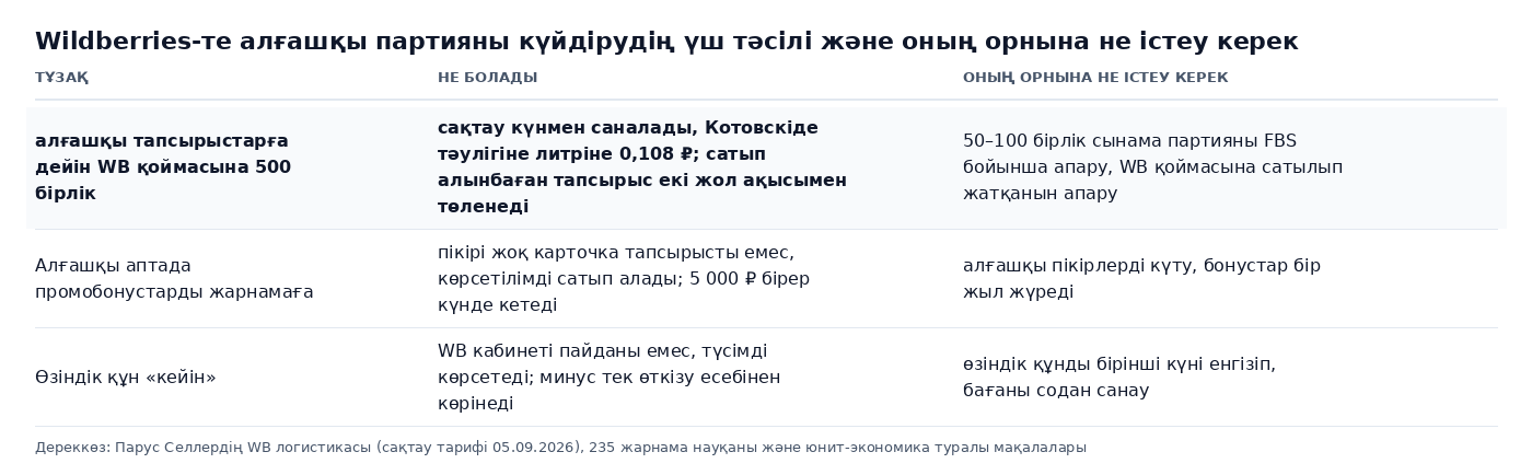 Кесте: Wildberries-те алғашқы партияны күйдірудің үш тәсілі, алғашқы тапсырыстарға дейін WB қоймасына үлкен жеткізілім, алғашқы аптада промобонустарды жарнамаға жұмсау, өзіндік құнды «кейінге» қалдыру, және оның орнына не істеу керек