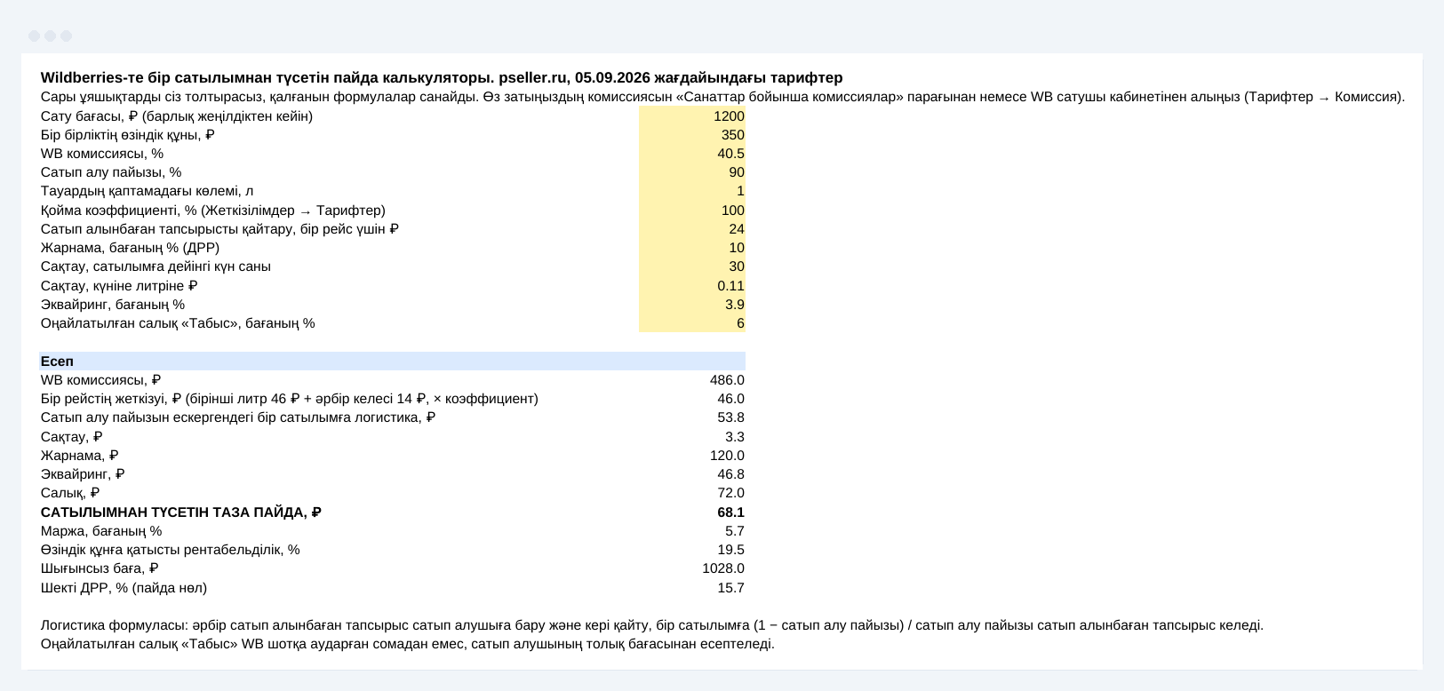 Excel-дегі Wildberries пайда калькуляторының парағы: он екі сары енгізу ұяшығы және комиссиядан шекті ДРР-ге дейінгі есеп