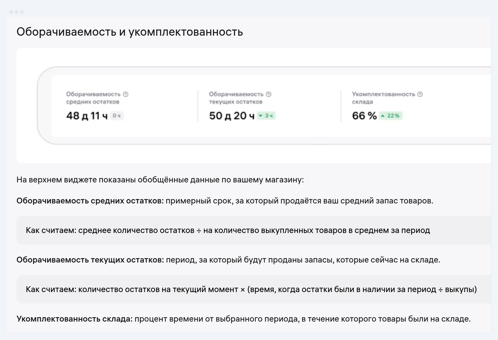 Скрин раздела инструкции WB «История остатков»: виджет с оборачиваемостью средних остатков 48 дней, оборачиваемостью текущих остатков 50 дней и укомплектованностью склада 66 %, ниже формулы расчёта