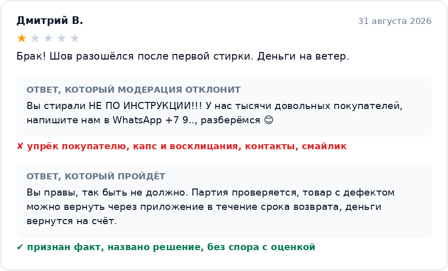 Два ответа на отзыв 1 звезда о браке: ответ с упрёком, капсом и контактами, который модерация Wildberries отклонит, и ответ с признанием факта и решением, который пройдёт