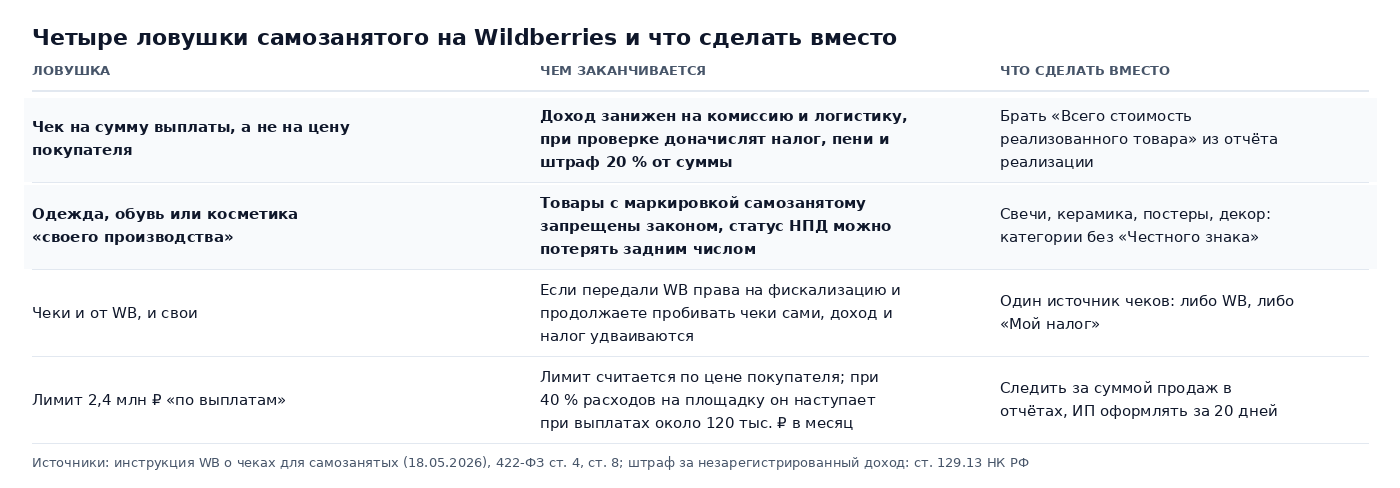 Таблица: четыре ловушки самозанятого на Wildberries, чек на сумму выплаты вместо цены покупателя, маркируемые товары своего производства, двойные чеки при фискализации через WB, лимит 2,4 млн по выплатам, и что сделать вместо